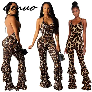 

Sexy Women Halter Neck Leopard Print Skinny Jumpsuit Rompers 2019 Autumn Backless Bandage Overalls One Piece Jumpsuit