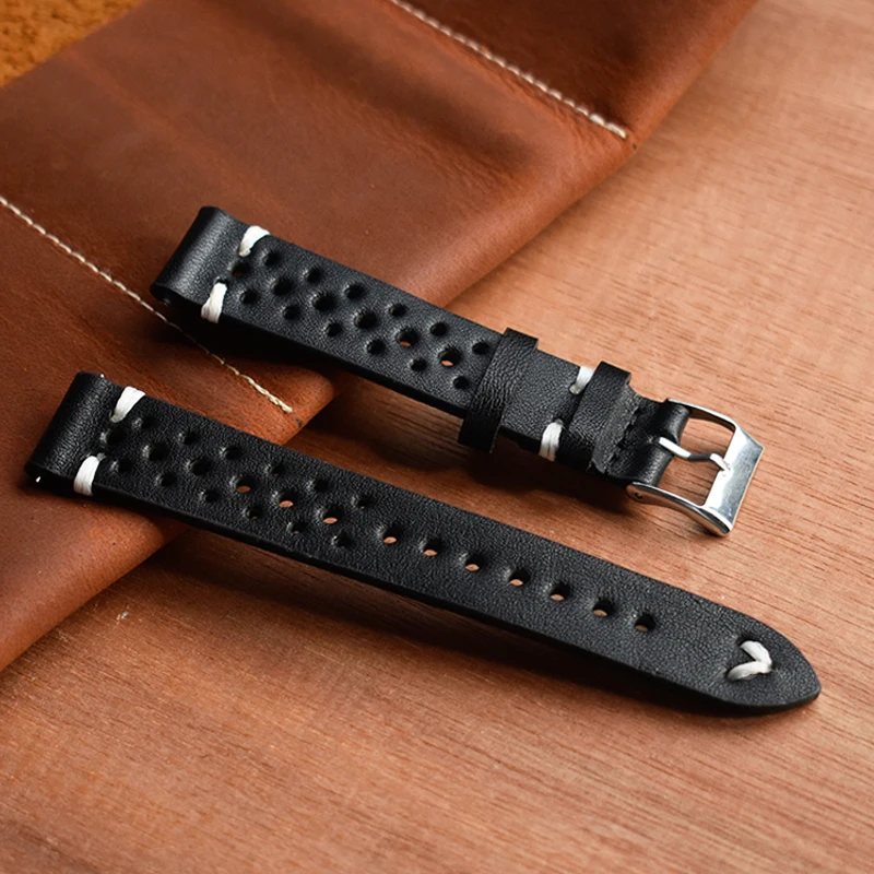 Ремешок кожаный для часов пористый красный чёрный браслет наручных с