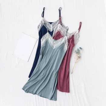 

V-Neck Strap Nightgown Lace Sleepwear Sexy Sleeveless Pajamas Summer Womens Robes Gown Nightdress Lounge Sleep Dress Nighties