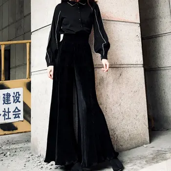 

2020 Women Spring Black Flare Pants Casual Loose Slim Temperament High Waist Irregular Long Wide Leg Pants Fashion Tide