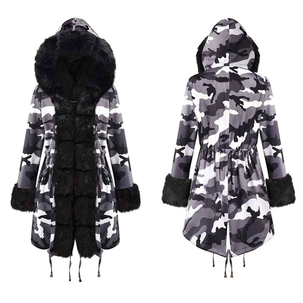 Женская Осенняя зимняя полиэфирная теплая куртка с капюшоном, воротник из искусственного меха, камуфляжное хлопковое пальто, теплые куртки, женские повседневные пальто