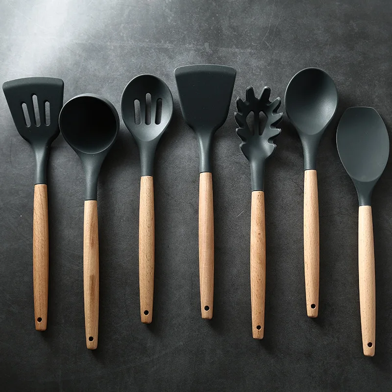 Silicone Kitchenware Cooking Utensils Set Non-stick Cookware Accessories Spatula Wooden Handle Black Cute kitchen Gadget Sets