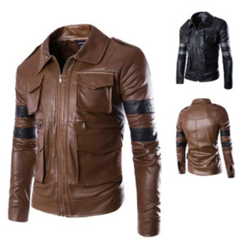 Leather Jacket Men Winter Motorcycle PU Leahter Jacket Male Stand
