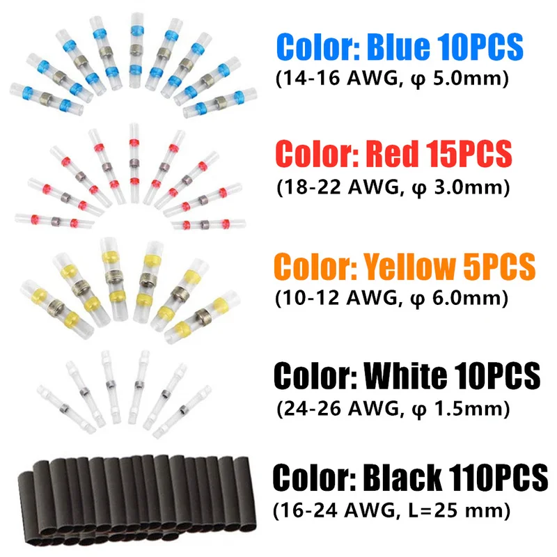 150 шт Смешанные термоусадочные электрические провода соединители изолированные припоя рукава водонепроницаемые стыковые клеммы 10-22AWG