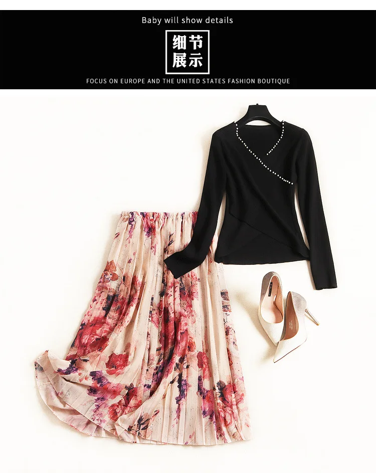 new autumn black knit sweater tops pearls beading V-neck pullovers+ floral print skirts suit two piece set