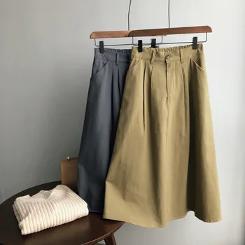 

Skirt female 2019 autumn new tooling dress retro solid color high waist a word skirt casual long section skirt commute