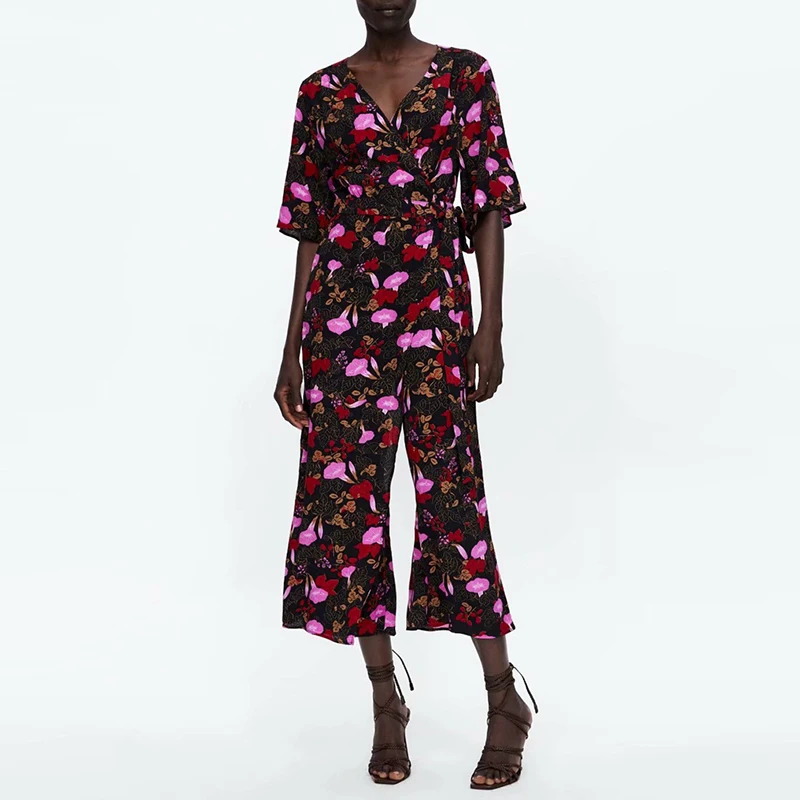 

Fashion Floral Wide Leg Jumpsuits Women V neck Lace Up Wrap Rompers O nne Piece Pants Summer Spring High Waist Trousers XZ2157