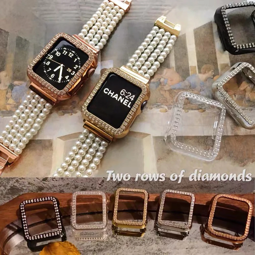 Full PC case for Apple watch 45mm 44 / 42mm 41mm 40 38mm Iwatch Se series 7 6 543 21set luxury diamond border retro shiny lady | Наручные