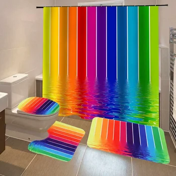 

3D Print rainbow type Shower Curtain Fabric Non-Slip Carpet Cover Toilet Cover Bath Mat Pad Set Waterproof Bathroom Curtain Sets