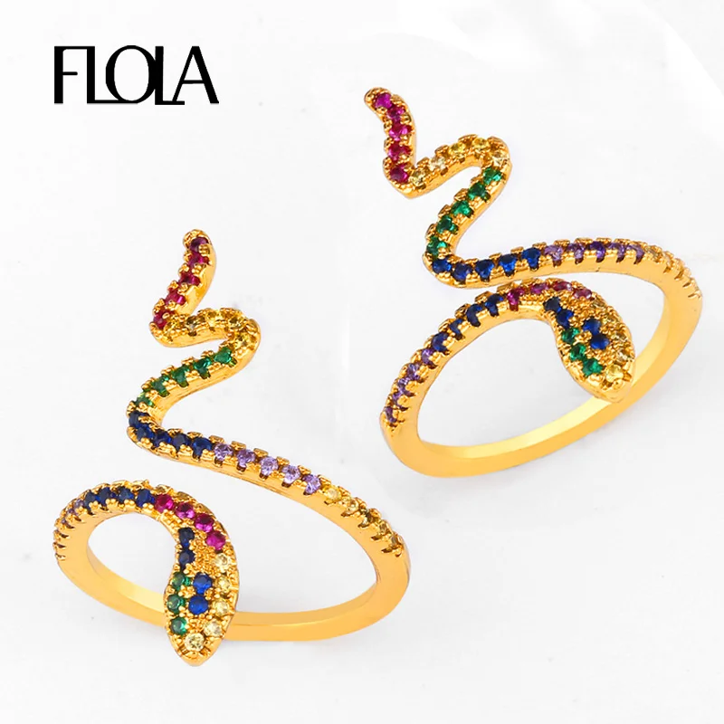 

FLOLA Open Rainbow Snake Ring Gold Pave Rainbow anillo AAA Cubic Zircon Ring Woman 24k Gold Jewelry anillo de serpiente righ89