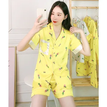 

Summer Women Satin Pajamas Sets Print Short Sleeve Shorts Sleepwear Girls Nightwear Lovely Homewear