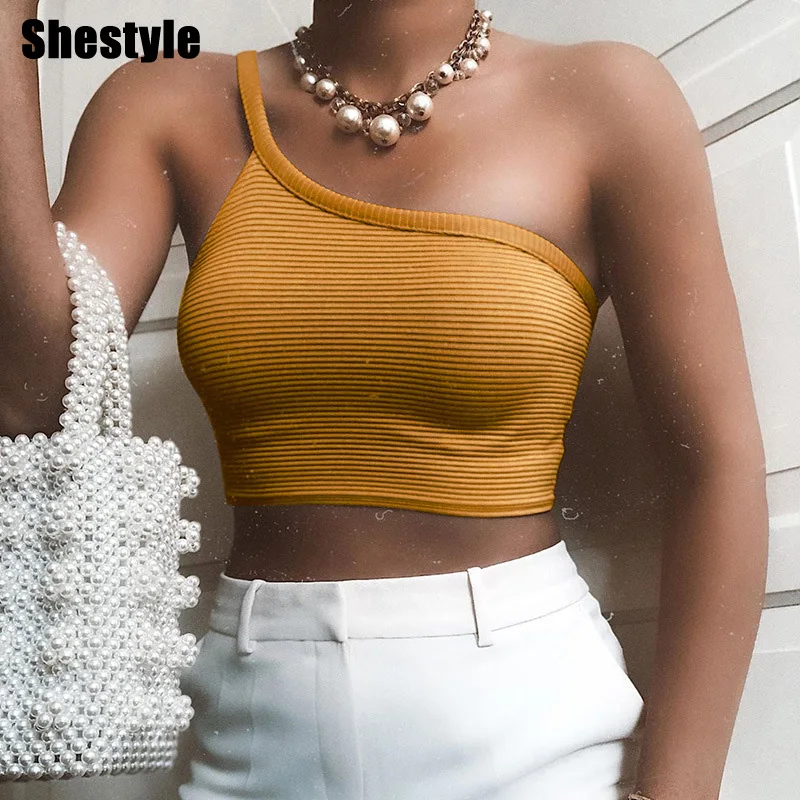 Женский трикотажный топ на одно плечо Shestyle эластичный однотонный укороченный