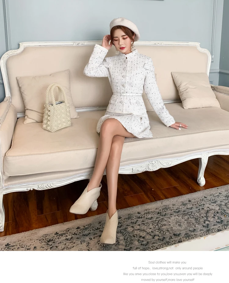 Autumn Winter Women Elegant Tweed Two Piece Set White Wool Belted Pearls Jacket Cropped Coat+ Pleated Mini Skirt Suits Set