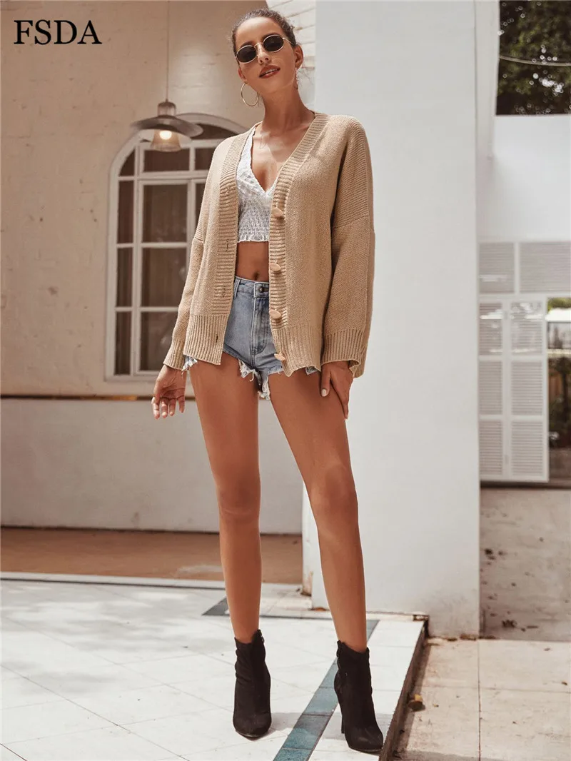 FSDA V Neck Women Long Sleeve Loose Sweater Casual Warm Button Cardigan Lady Autumn Winter Fashion Cute Sweaters