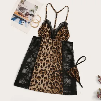 

New Sexy Women Lace Splic Nightdress With Thong Leopard Backless Sexy Underwear Snug Homewear Mature Sexy Sling Sleepshirts