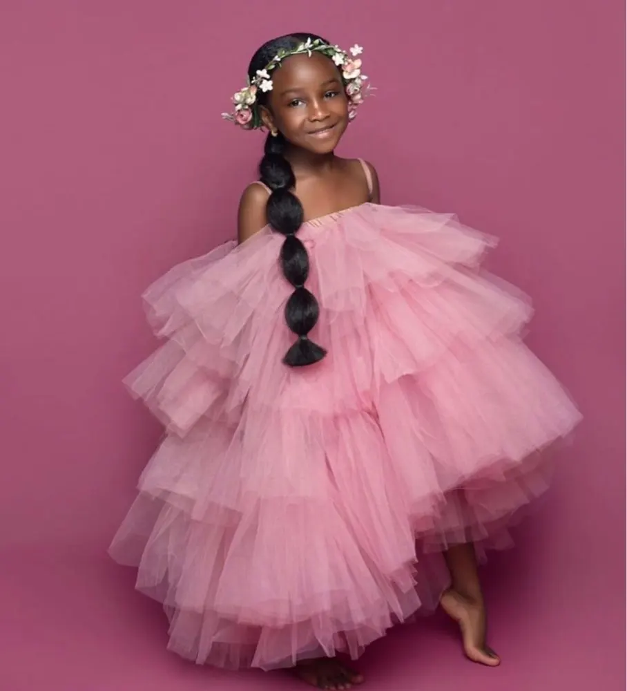Милое многослойное фатиновое платье с цветочным узором для девочек бальное розовое пышное платье для маленьких девочек платья для причастия на высоких низких подтяжках для девочек