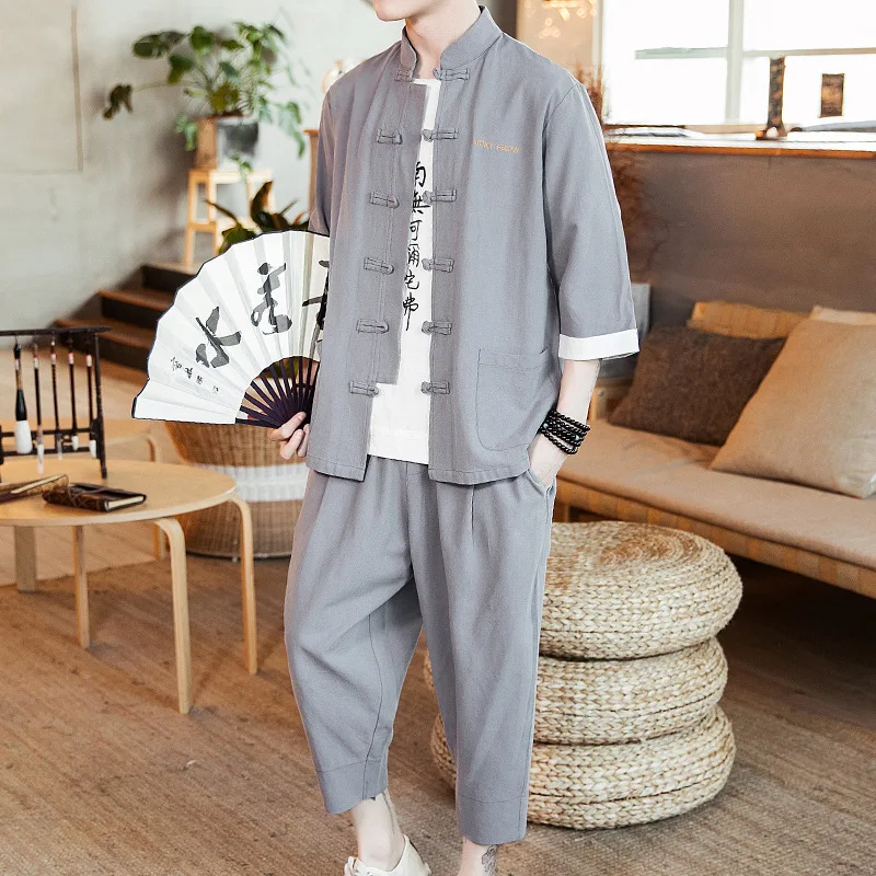 

Summer Flax Set 2019 Large Size Chinese-style Pankou Half Sleeve Cardigan Chinese Clothing Cuff Mixed Colors Retro Men'S Wear