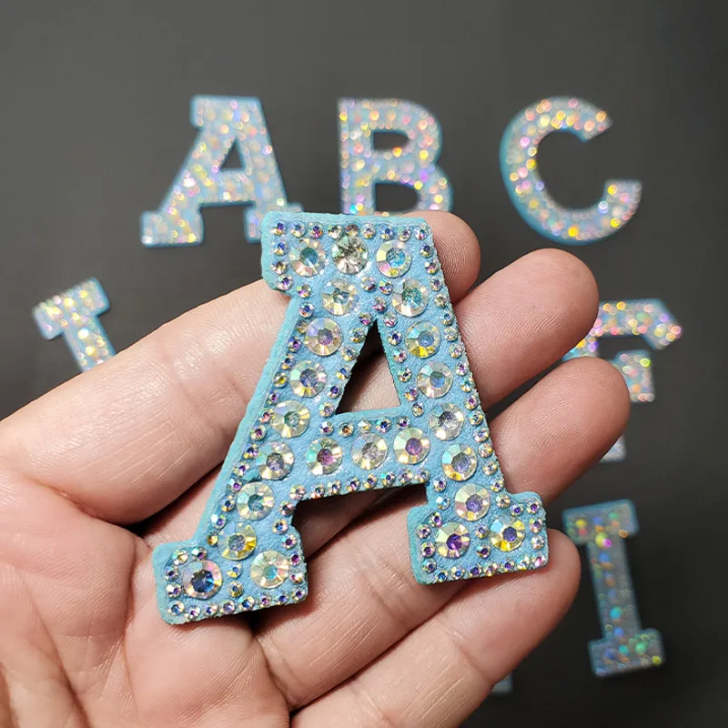 26 Blue Letters Rhinestones Alphabet Sew Iron On Patches for Clothing Shining Badges Name DIY Dress Jeans Appliques Decoration | Дом и сад