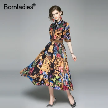 

Bornladies Elegant Half Sleeve Dress Women Floral Print Runway Long Dress Fashions Button Diamonds Vintage Midi Dress B9119