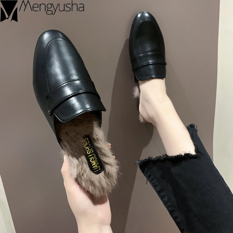 

Brief closed toe mules shoes woman warm plush furry slippers flats comfy solid slides soft leather winter flip flops femme comfy