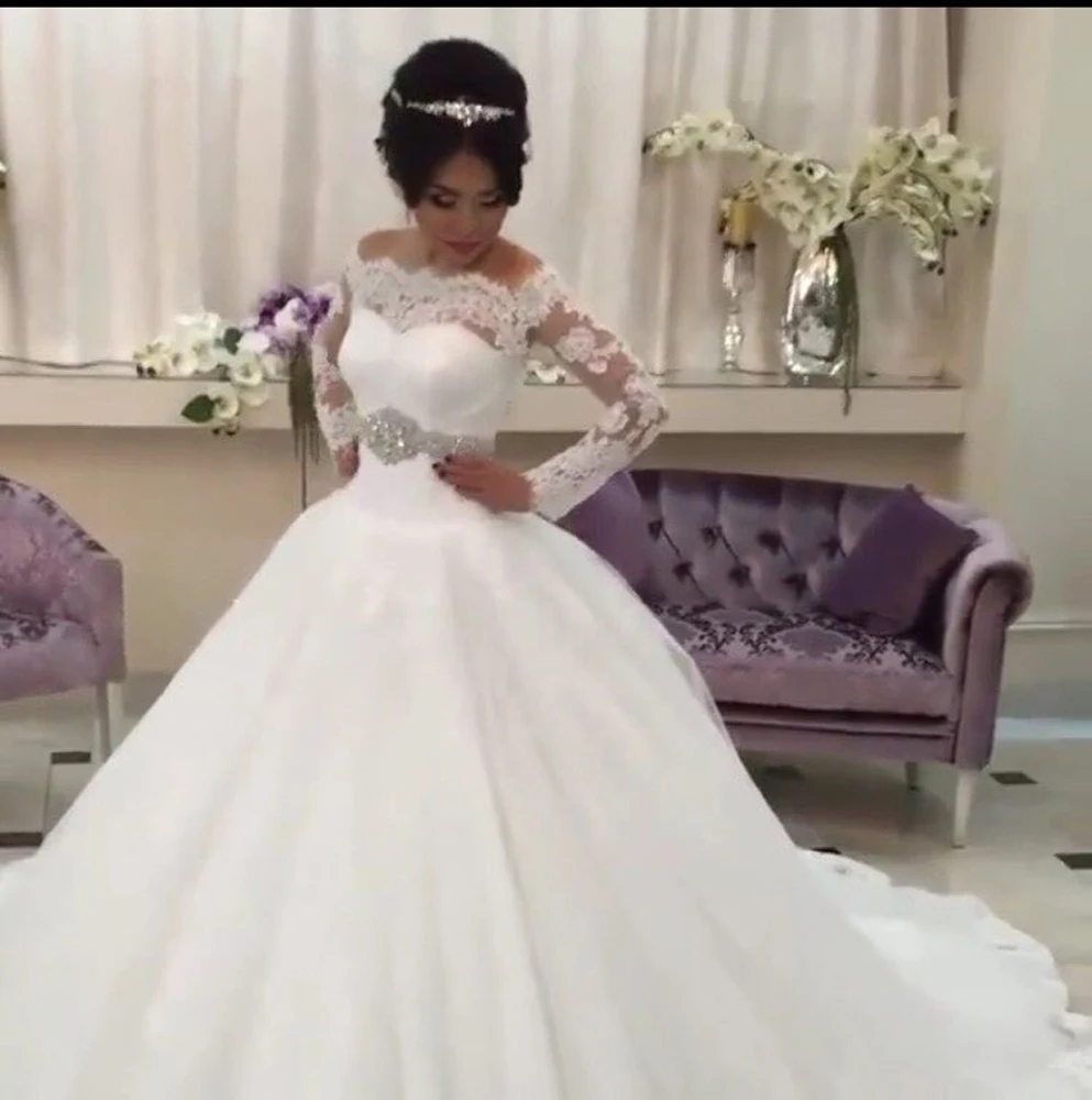 Saudi Arabia Robe de mariage роскошное кружевное бальное платье невесты с длинным рукавом пояс с кристаллами размера плюс платья для матери невесты