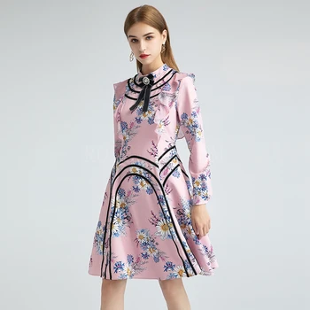 

Red RoosaRosee Designer Women new autumn spring stand collar full sleeve bow print dress
