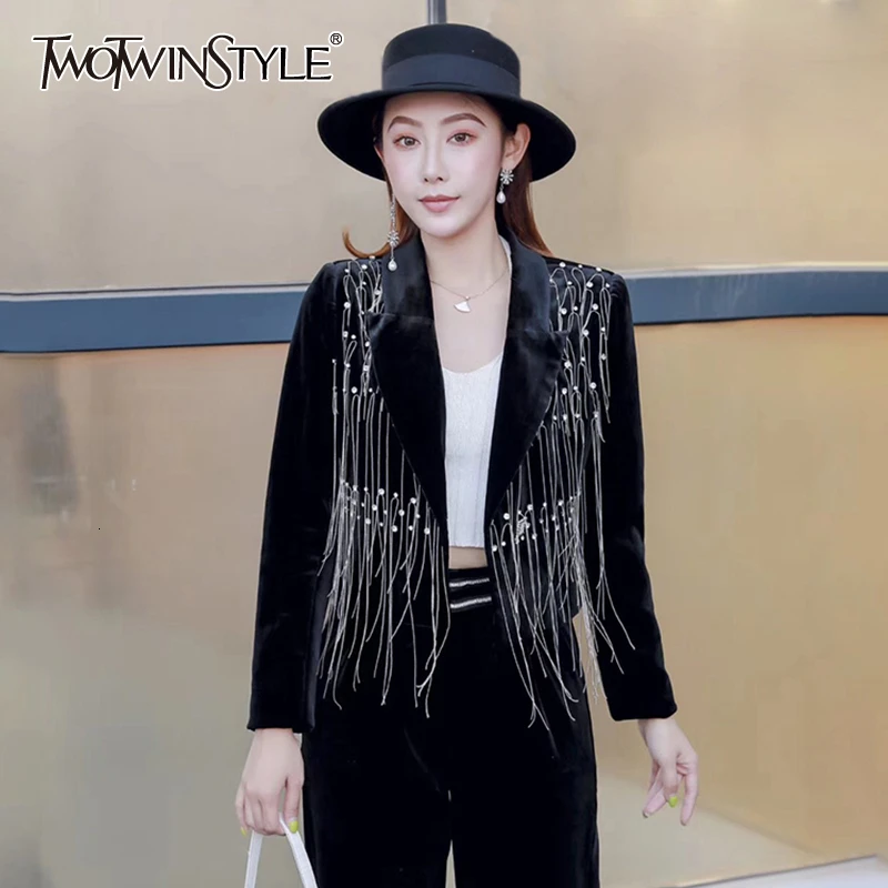 TWOTWINSTYLE Лоскутная Кисточка Комплект из двух предметов для женщин пальто с длинными рукавами Высокая талия широкие брюки женский костюм осень мода