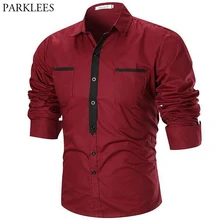 Мужская рубашка контрастного цвета, новинка, модная мужская рубашка, Повседневная приталенная рубашка с длинным рукавом и карманом, Camisa Masculina