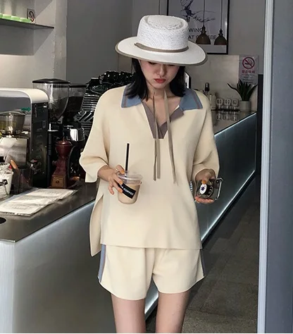 

Casual Fashion summer 2 Pcs suit set Women pant Set Short Sleeve Knit Top High Waist Hip Elastic Wide Leg Shorts Wild Suit ka844