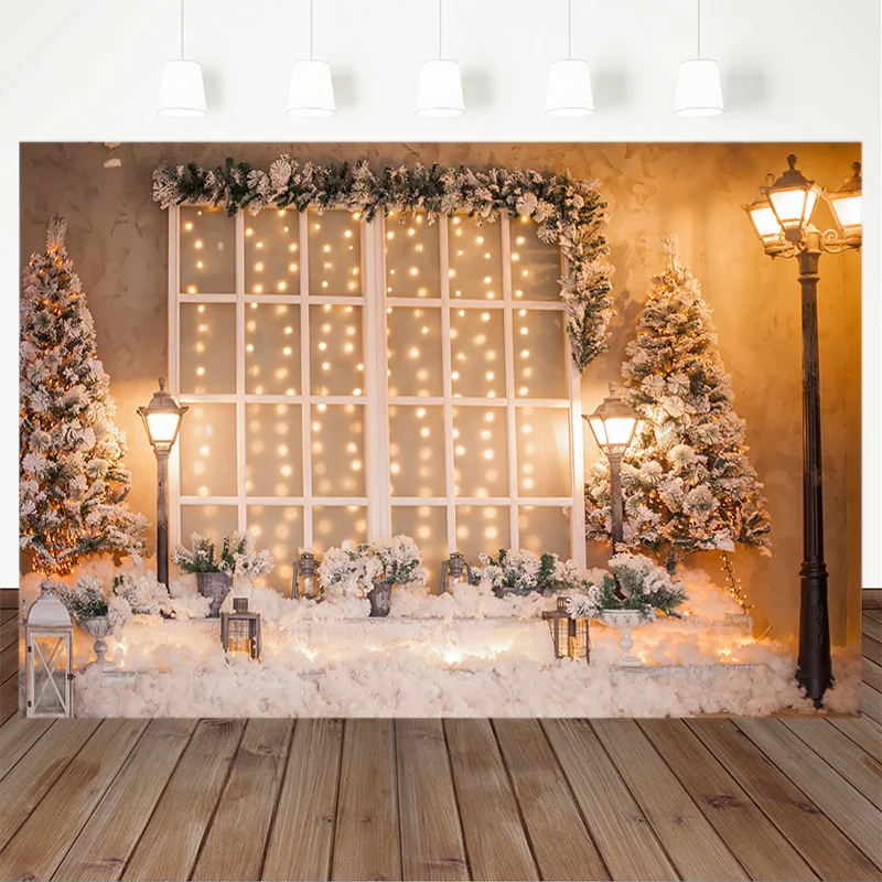 

Photography Backdrops Christmas Tree Potted Plants Winter Snow Street Lamp White Window Christmas Background For Photo Studio