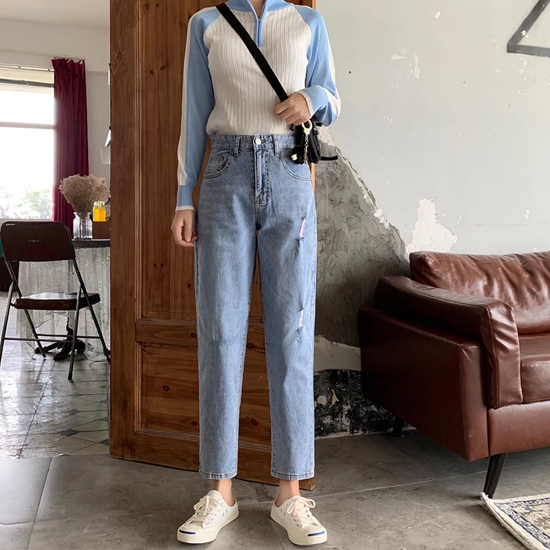 2019 New Spring Autumn Womens Cropped Jeans Korean hole Washed Denim Straight Pants Boyfriend For Women | Женская одежда