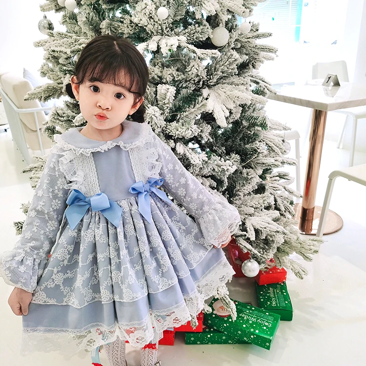 

0-7Y Baby Girl Autumn Winter Blue Wool Thicken Vintage Palace Spanish Turkey Lolita Princess Ball Gown Dress for Girls Birthday