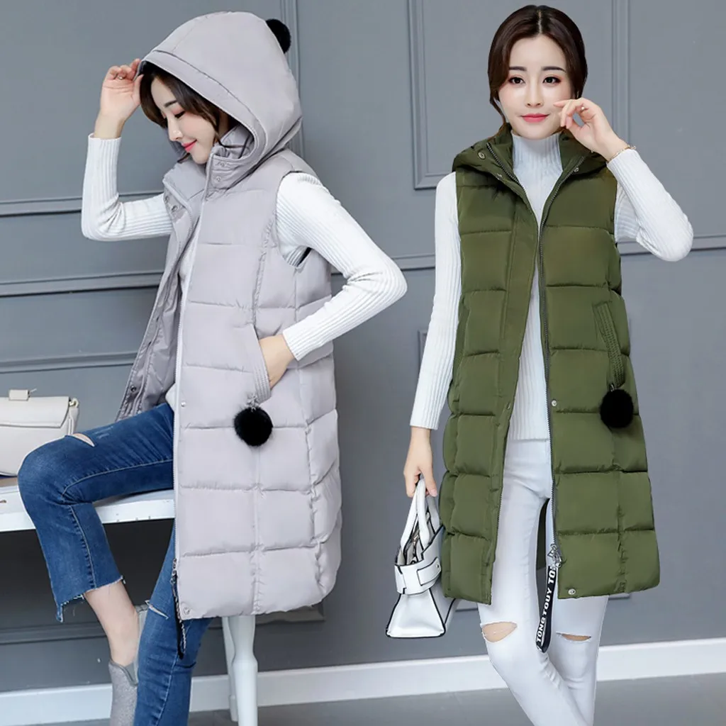 Winter vest women long vest Casual Slim thick warm Autumn hooded sleeveless waistcoat long zipper winter vest female M-3XL
