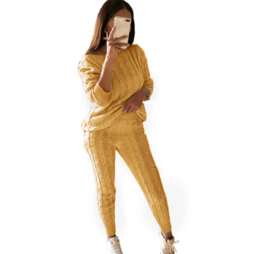 Осенний хлопковый спортивный костюм женский комплект из 2 предметов свитер Топ+ брюки вязаный костюм с круглым вырезом вязаный комплект Женская верхняя одежда комплект из 2 предметов