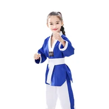 Uniformes profesionales de Taekwondo de algodón para niños y adultos, ropa de Dobok de manga larga, color azul y blanco, T58