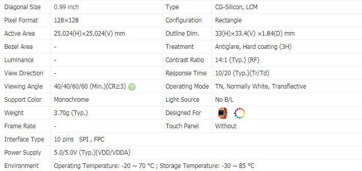 LS010B7DH01 1 дюймов TFT ЖК модуль 128*128 10 штифтов SPI интерфейс для wearable devices(носимое устройство