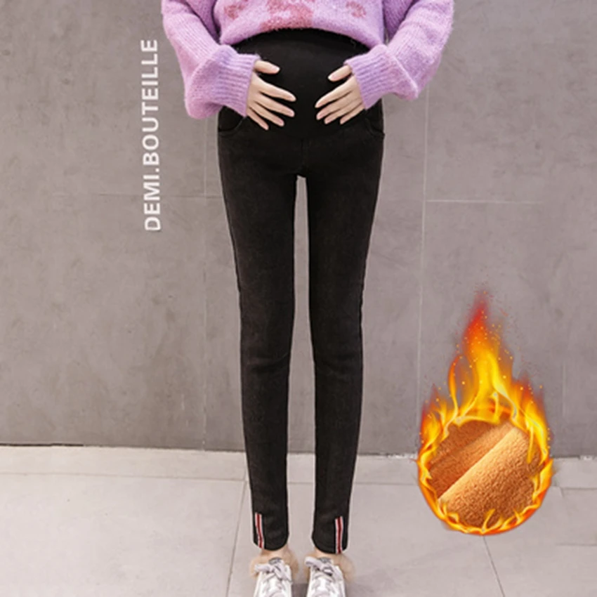 Warm Thick Pregnancy Denim Pants Winter Fleece Maternity Jeans for Pregnant Women Plus Velvet Maternity Trousers 2