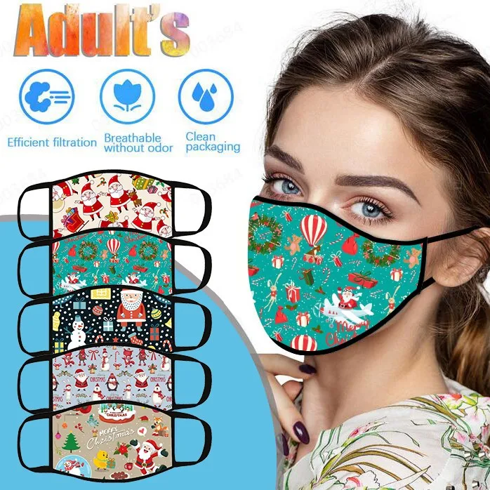 4PCS Christmas Print Women Man Windproof Face Mask Cloth Mouth Mask Washable Face Shield Breathable Mouth Cover Reusable Masque photo