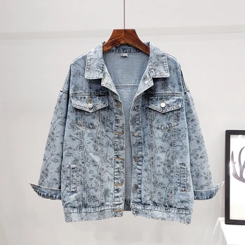 

Autumn Vintage Oversized Flower Print Graffiti Denim jacket Women's Washed Blue Casual Jeans jacket Jaqueta feminina Streetwear