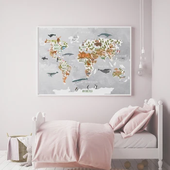 

Canvas Painting Home Woodland Animal World Map Poster Art Prints Nursery Decor Watercolor Map With Animal For Kids Room Pictures