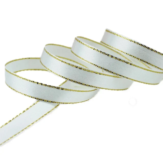 (25 yards/lot) 10mm Satin Ribbon White Gold Edge: Wholesale High Quality Gift Packaging Ribbons