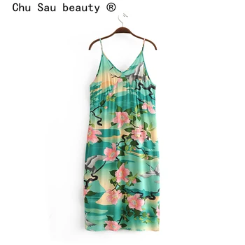 

Chu Sau beauty Boho Style Fashion Lotus Print Midi Strap Dress Women Holiday Chic Loose Split Dresses Female Beautiful Beachwear