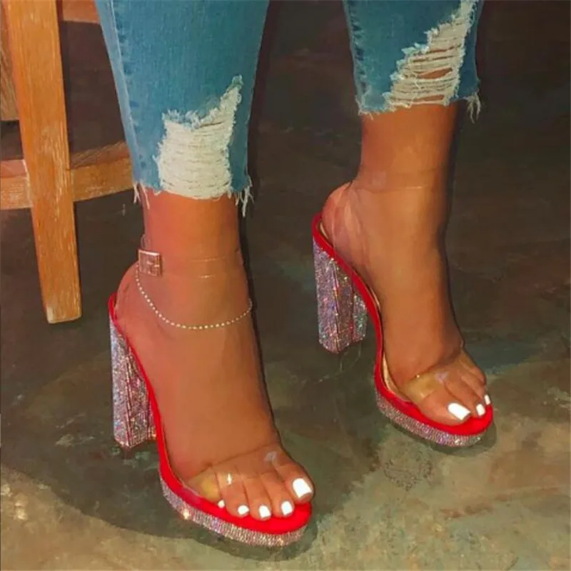 Летние прозрачные босоножки из ПВХ на высоком каблуке; пикантные вечерние женские туфли с открытым носком на высоком каблуке; прозрачные туфли на высоком каблуке - Цвет: Красный