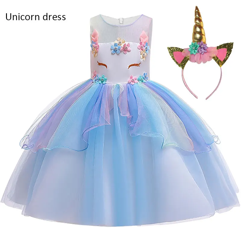 Пышное Платье для девочек; Новое Детское платье принцессы с цветочным узором для девочек; праздничный костюм с единорогом; Рождественский костюм; платье