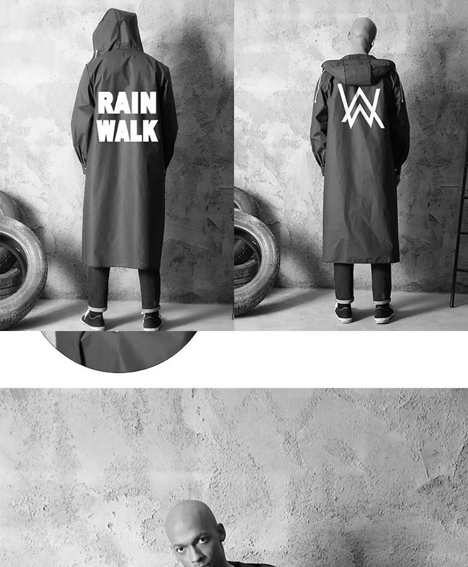 ZQBXJDW Stylish EVA Black Adult Raincoat Alan Walker Pattern Outdoor Men's Long Style Hiking Poncho Environmental rain coat