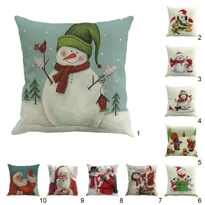 Santa Claus Printed Cushion Pillowcase Cotton Linen Square Christmas Pillow Case Home Chair Supplies