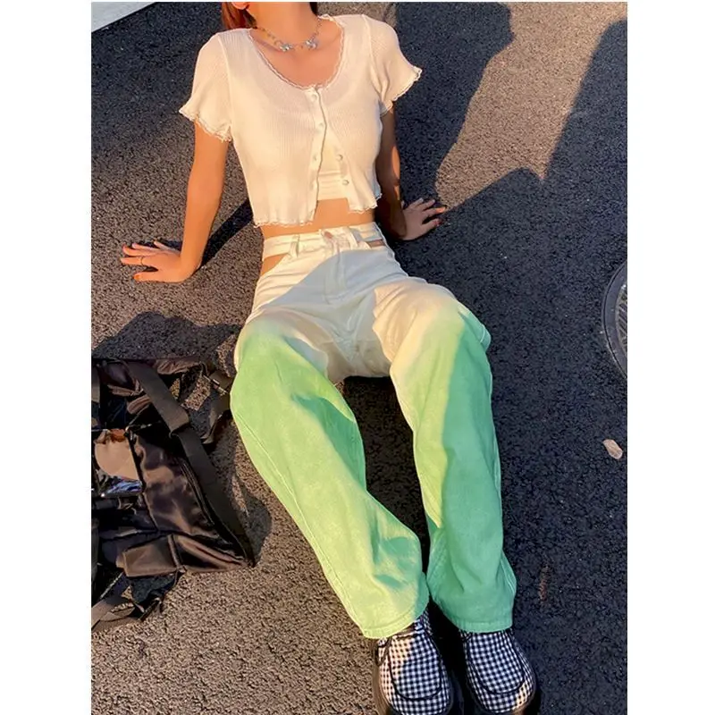 Women Wide-leg Pants Thin High-waist Gradient Female Trousers Straight-leg Sports Green Casual Street Skateboard Loose Trend
