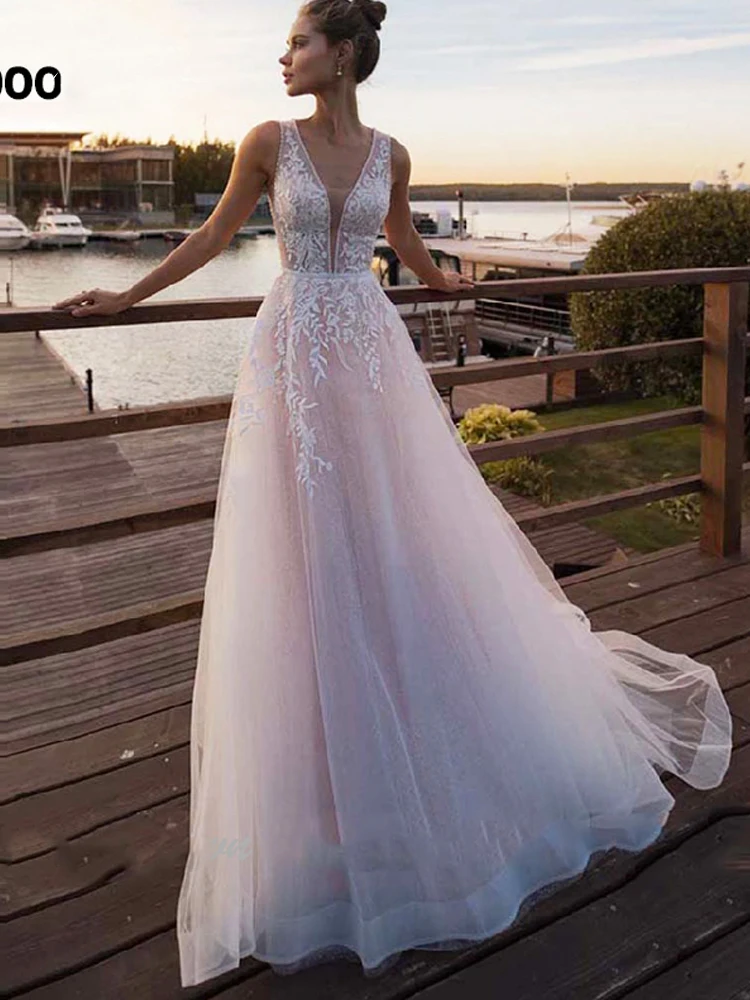 Pink Wedding Dress Booma пляжные Розовые Свадебные платья мягкий тюль с кружевной аппликацией принцесса свадебные платья v-образным вырезом ТРАПЕЦИЕВИДНОЕ ПЛАТЬЕ невесты со шлейфом - Цвет: Pink Wedding Dress