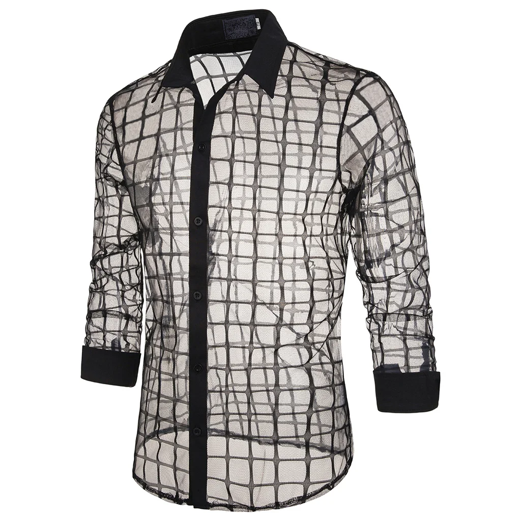 Полый Тонкий рубашки топы Chemise Homme тонкая гавайская рубашка сексуальная прозрачная Мужская рубашка Повседневная печать Camisa Masculina