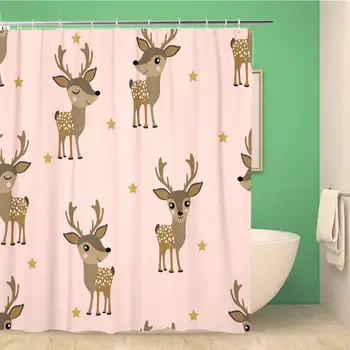 

66x72 Inches Shower Curtain Cute Deer and Star Pattern Wildlife Cartoon Forest Animal Character Woodland Winter Waterproof